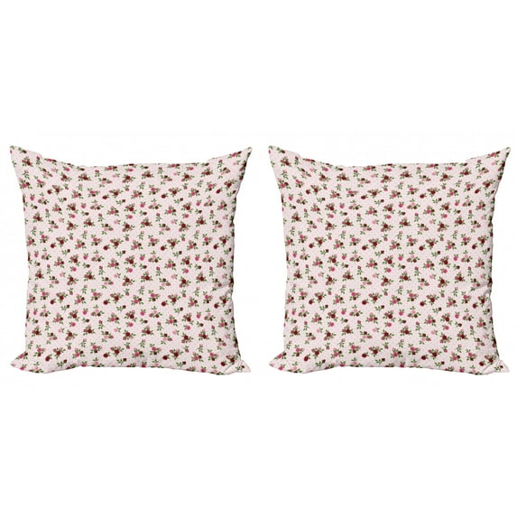 Ambesonne Floral Throw Pillow Cover 2 Pack, Rose Bouquet on Polka Dots, 16", Pink Burgundy and Green