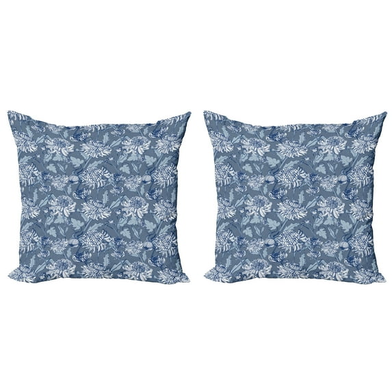 Ambesonne Floral Throw Pillow Cover 2 Pack, Sketch of Chrysanthemums, 18", Blue Grey Slate Blue