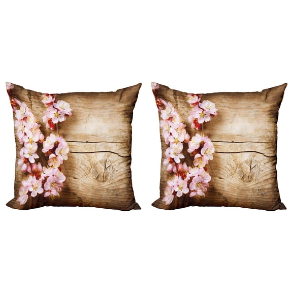 Ambesonne Floral Throw Pillow Cover 2 Pack, Spring Blossom Orchard, 24", Sand Brown Pale Pink
