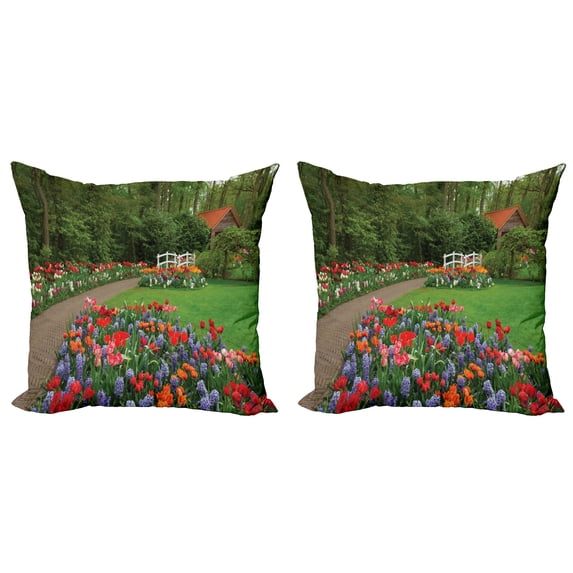 Ambesonne Floral Throw Pillow Cover 2 Pack, Spring Garden Forest, 16", Green and Purple