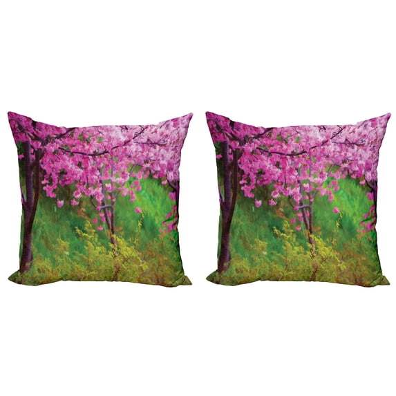 Ambesonne Floral Throw Pillow Cover 2 Pack, Spring Garden Landscape, 20", Pink and Green