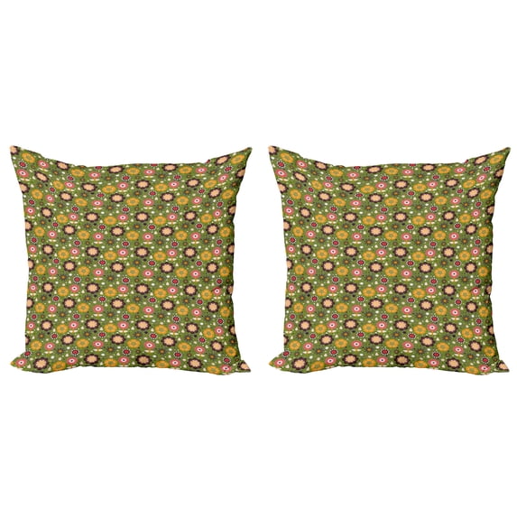 Ambesonne Floral Throw Pillow Cover 2 Pack, Spring Nature Flowers, 24", Olive Green Multicolor