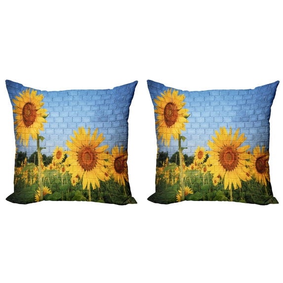 Ambesonne Floral Throw Pillow Cover 2 Pack, Sunflowers on the Wall, 16", Yellow Green