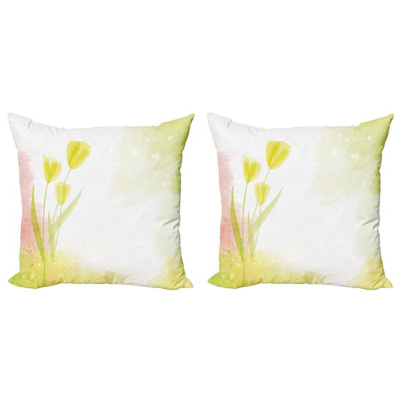 Ambesonne Floral Throw Pillow Cover 2 Pack, Tulip Flower Watercolor, 16", Green Beige
