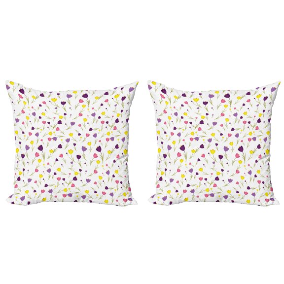 Ambesonne Floral Throw Pillow Cover 2 Pack, Tulips Spring Romantic, 16", Purple Yellow