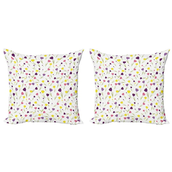 Ambesonne Floral Throw Pillow Cover 2 Pack, Tulips Spring Romantic, 16", Purple Yellow