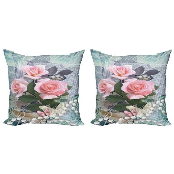Ambesonne Floral Throw Pillow Cover 2 Pack, Vintage Rose Romance, 18", Pink Grey
