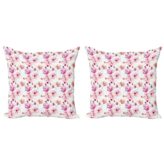 Ambesonne Floral Throw Pillow Cover 2 Pack, Watercolor Spring Blooms, 20", Pink Purple Coral