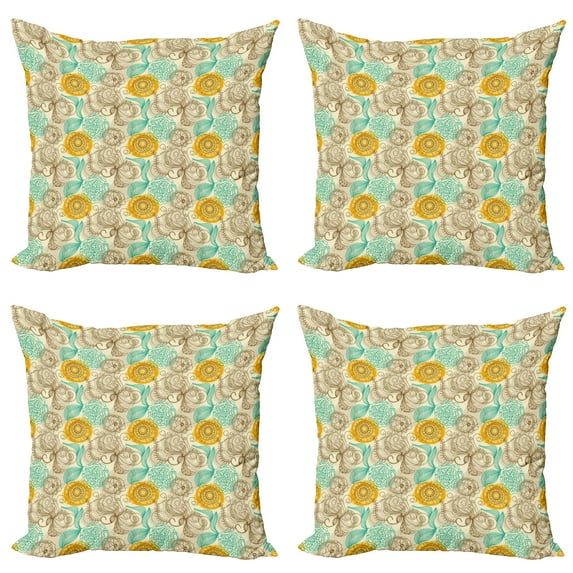 Ambesonne Floral Throw Pillow Cover 4 Pack, Abstract Carnations Art, 20", Tan Turquoise Marigold