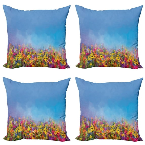 Ambesonne Floral Throw Pillow Cover 4 Pack, Abstract Sky Dreamy Flowers, 18", Deep Sky Blue Multicolor