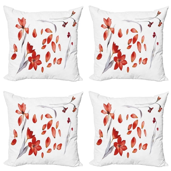 Ambesonne Floral Throw Pillow Cover 4 Pack, Autumn Flowers Petals, 24", Red Purplegrey