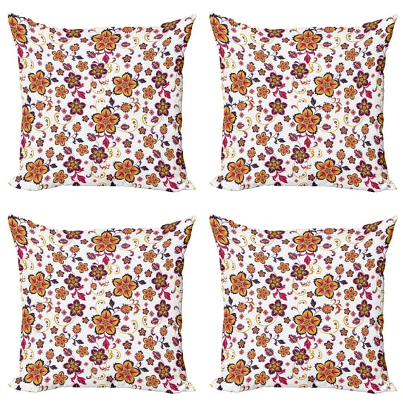 Ambesonne Floral Throw Pillow Cover 4 Pack, Blooming Flower Pattern, 16", Yellow Purple Magenta