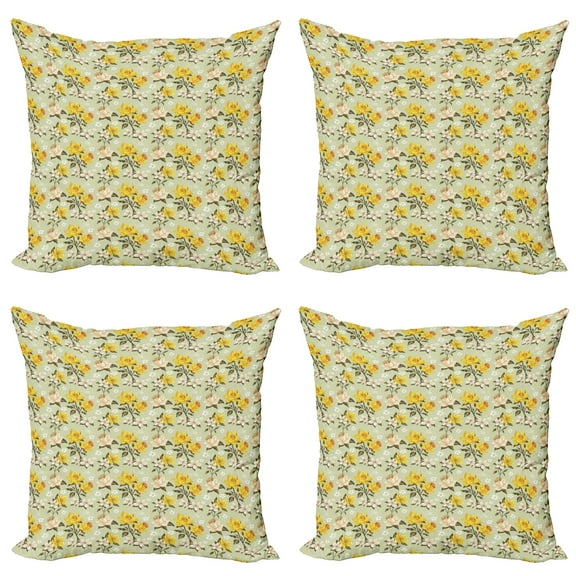 Ambesonne Floral Throw Pillow Cover 4 Pack, Blooming Petals Snowy Scene, 24", Multicolor