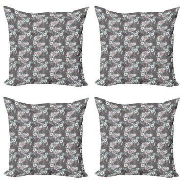 Ambesonne Floral Throw Pillow Cover 4 Pack, Blooming Spring Nature, 18", Pale Grey Vermilion Grey