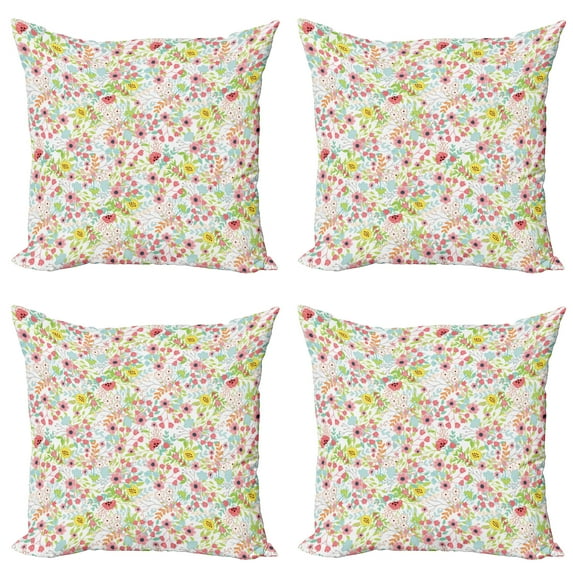 Ambesonne Floral Throw Pillow Cover 4 Pack, Blossoming Garden Art Design, 18", Multicolor