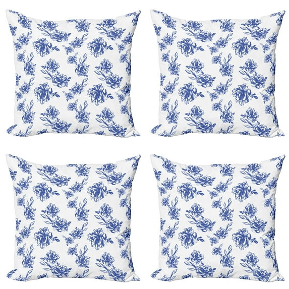 Ambesonne Floral Throw Pillow Cover 4 Pack, Blue Peonies Blossom Art, 16", Violet Blue White
