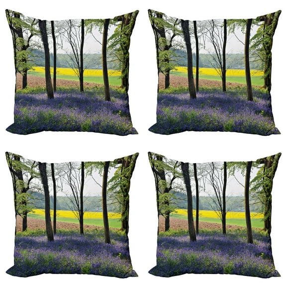 Ambesonne Floral Throw Pillow Cover 4 Pack, Bluebells Forest Rural, 24", Purple Yellow Green