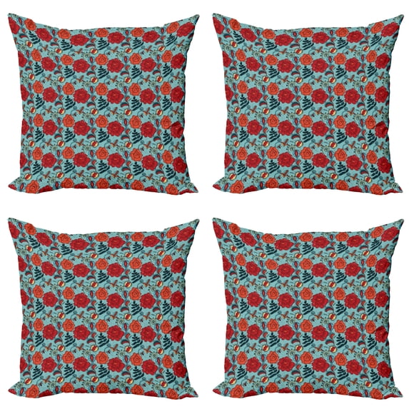 Ambesonne Floral Throw Pillow Cover 4 Pack, Bohemian Flowers Folkloric, 16", Vermilion and Pale Blue