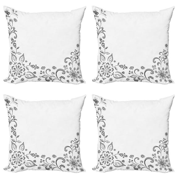 Ambesonne Floral Throw Pillow Cover 4 Pack, Botanical Sketchy Bouquet, 18", Black White
