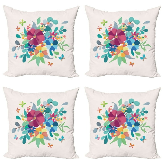 Ambesonne Floral Throw Pillow Cover 4 Pack, Bouquetnd Butterflies, 24", Multicolor
