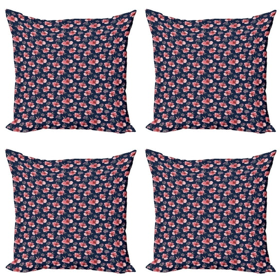 Ambesonne Floral Throw Pillow Cover 4 Pack, Brush Flower Bouquet, 20", Coral Pink and Dark Blue