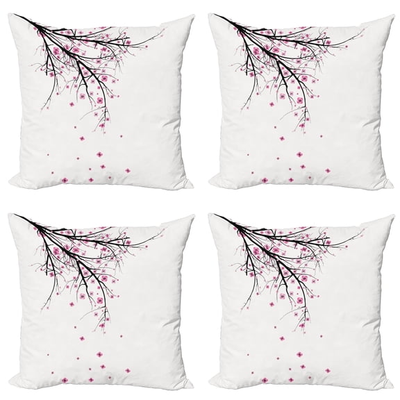 Ambesonne Floral Throw Pillow Cover 4 Pack, Cherry Blossom Flower, 20", Pink Black