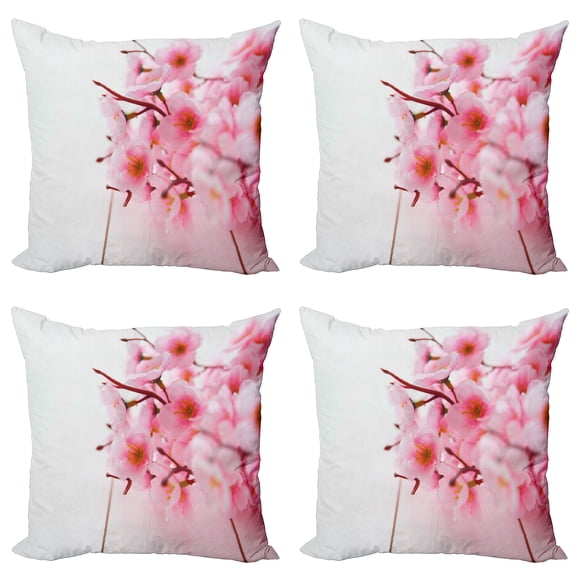 Ambesonne Floral Throw Pillow Cover 4 Pack, Cherry Blossom Petals, 18", Pale Pink White