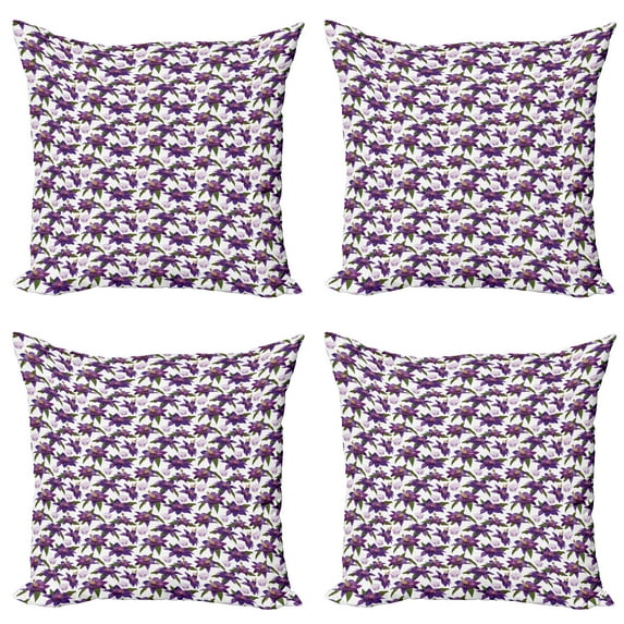 Ambesonne Floral Throw Pillow Cover 4 Pack, Clematis Blossoms Look, 24", Purple Dark Green White