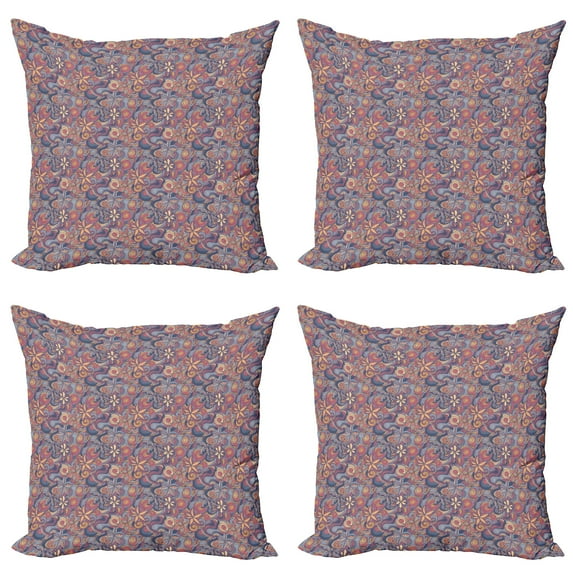Ambesonne Floral Throw Pillow Cover 4 Pack, Colorful Blooms Curls, 18", Multicolor