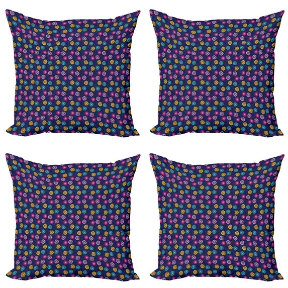 Ambesonne Floral Throw Pillow Cover 4 Pack, Colorful Flowers Love, 16", Indigo and Multicolor