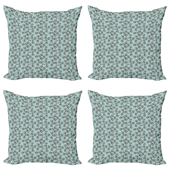 Ambesonne Floral Throw Pillow Cover 4 Pack, Curly Branches of Flowers, 16", Pale Blue Brown