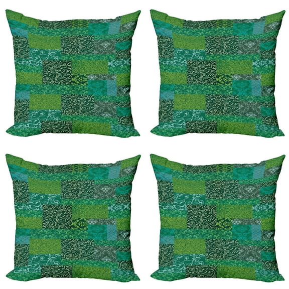Ambesonne Floral Throw Pillow Cover 4 Pack, Curly Ornaments in Squares, 24", Emerald Jade Green