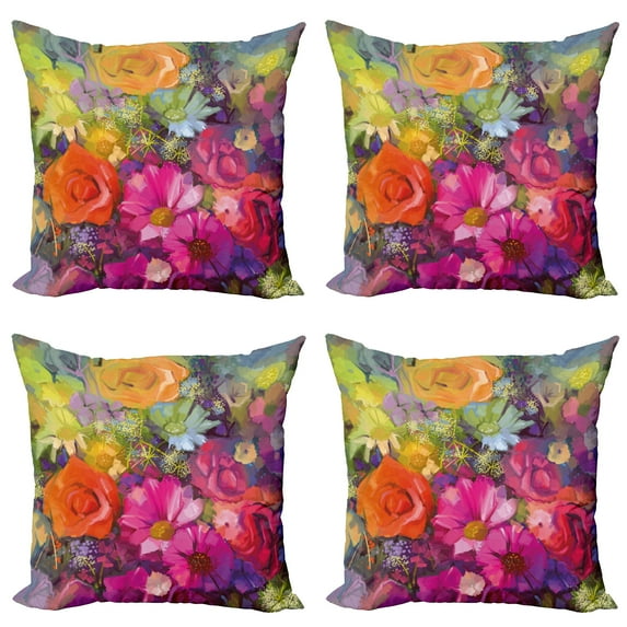 Ambesonne Floral Throw Pillow Cover 4 Pack, Daisies Peony Gerbera, 18", Multicolor