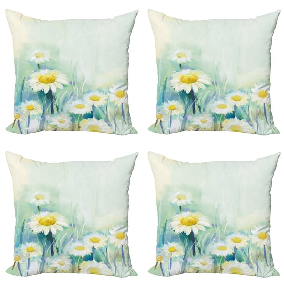 Ambesonne Floral Throw Pillow Cover 4 Pack, Daisy Flower Field Art, 20", Pale Blue White