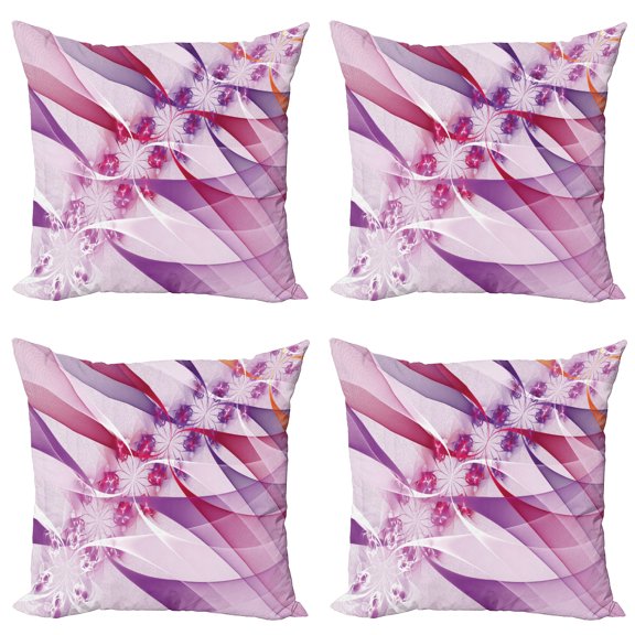 Ambesonne Floral Throw Pillow Cover 4 Pack, Digital Colored Flowers, 16", Violet Pink