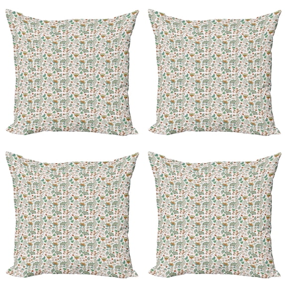 Ambesonne Floral Throw Pillow Cover 4 Pack, Doodle Botanical Leaves, 24", Seafoam Orange White
