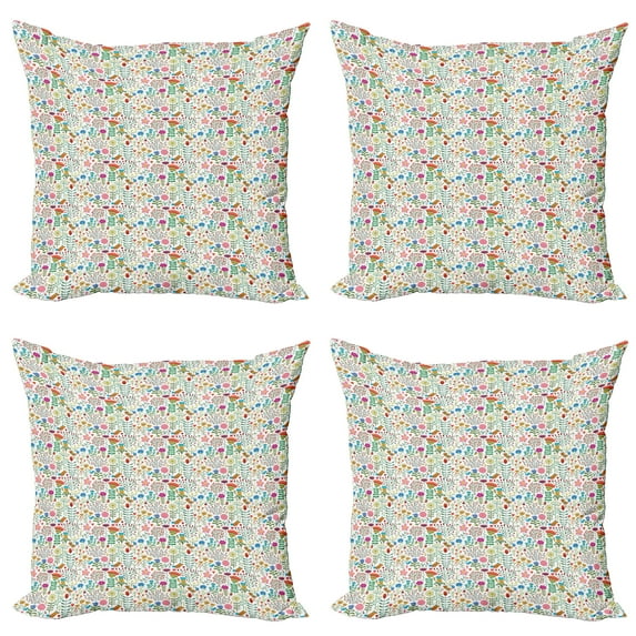Ambesonne Floral Throw Pillow Cover 4 Pack, Doodle Forest Habitat, 24", Multicolor