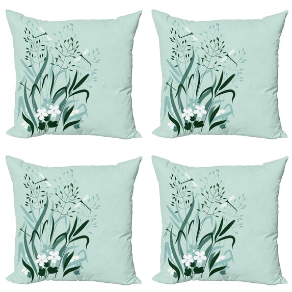 Ambesonne Floral Throw Pillow Cover 4 Pack, Dragonflies Wild Grass, 16", Pale Green