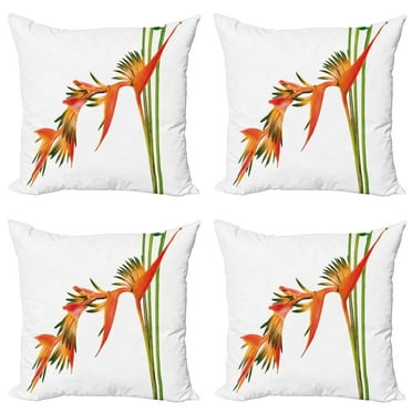 Ambesonne Floral Throw Pillow Cover 4 Pack, Exotic Flower Branch, 24", Green Orange