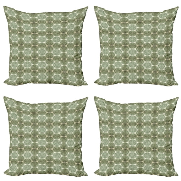 Ambesonne Floral Throw Pillow Cover 4 Pack, Flourishing Round Elements, 20", Eggshell Olive Green