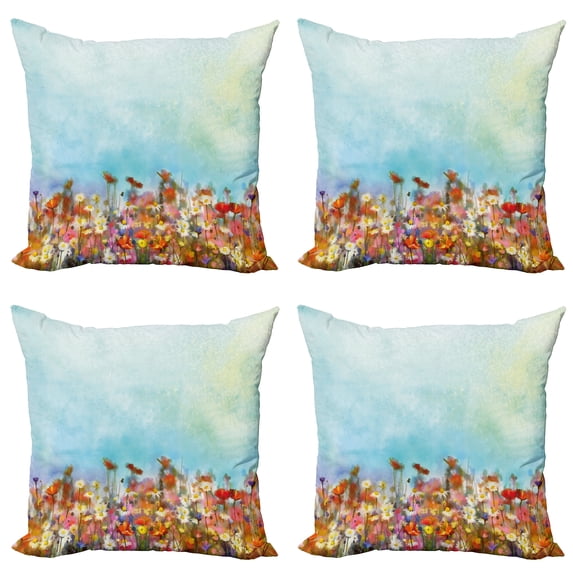 Ambesonne Floral Throw Pillow Cover 4 Pack, Flower Field Watercolor, 20", Multicolor