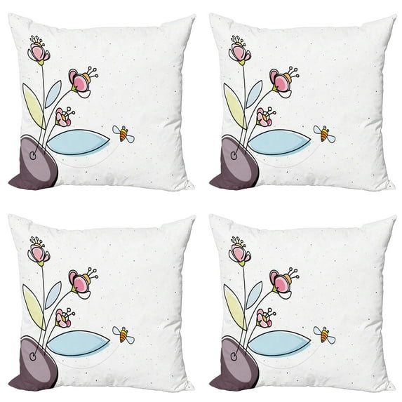 Ambesonne Floral Throw Pillow Cover 4 Pack, Flower Pot with Blossoms, 20", Multicolor