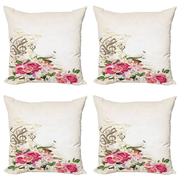 Ambesonne Floral Throw Pillow Cover 4 Pack, Flowers and Music Notes, 24", Eggshell Multicolor