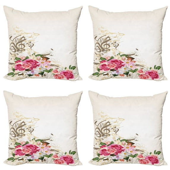 Ambesonne Floral Throw Pillow Cover 4 Pack, Flowers and Music Notes, 24", Eggshell Multicolor