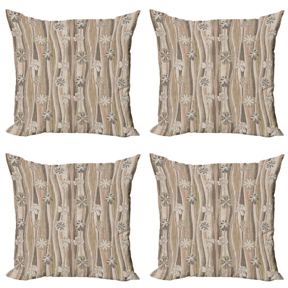 Ambesonne Floral Throw Pillow Cover 4 Pack, Flowers on Wavy Stripes, 20", Dark Brown Sand Brown