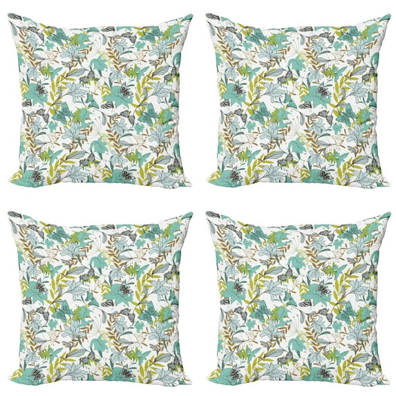 Ambesonne Floral Throw Pillow Cover 4 Pack, Flying Birds Butterflies, 18", Yellow Green Caramel