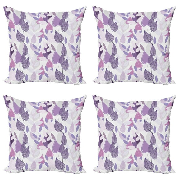 Ambesonne Floral Throw Pillow Cover 4 Pack, Foliage Leaves Purple, 20", Lavender Pale Grey Lilac