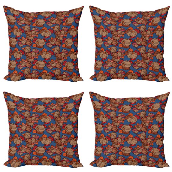 Ambesonne Floral Throw Pillow Cover 4 Pack, Funk Art Flower Pattern, 18", Blue and Brown