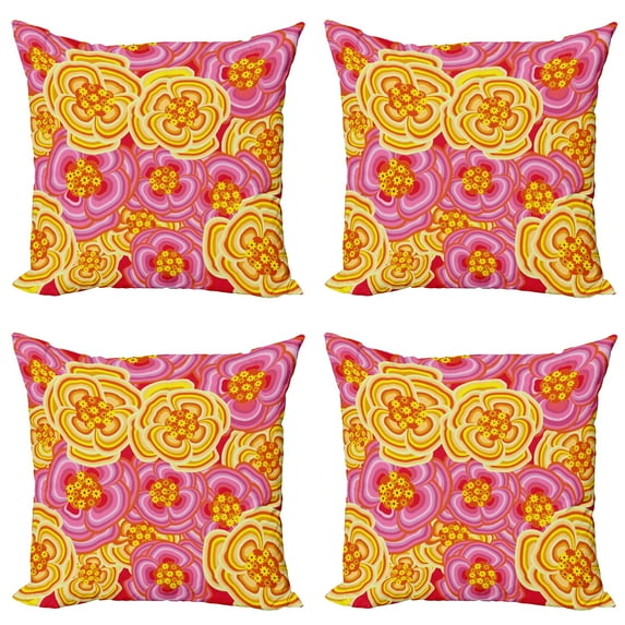 Ambesonne Floral Throw Pillow Cover 4 Pack, Funky Vibrant Flowers, 18", Yellow Pink Orange