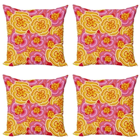 Ambesonne Floral Throw Pillow Cover 4 Pack, Funky Vibrant Flowers, 20", Yellow Pink Orange